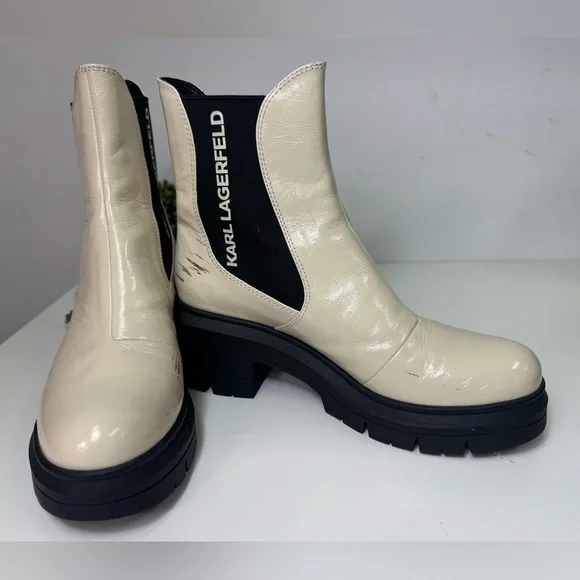 Karl Lagerfeld Cream Colored Patent Chelsea Boots, Women’s 9 - Picture 4 of 8